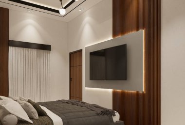 Modern yatak odası iç tasarımı. 3B resimleme