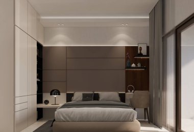 Modern yatak odası iç tasarımı. 3B resimleme
