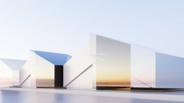 Düz zemin ve mavi gökyüzü ile soyut fütüristik mimari, üçgen ve dörtgen arasında birleşik şekil tasarımı