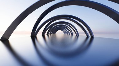 Düz zemindeki siyah kemerler, gökyüzü arkaplanlı. 3B illüstrasyon oluşturucu