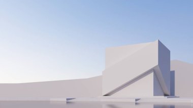 Soyut fütüristik mimari tasarımı şeffaf küp şekli, günbatımı arka planıyla. 3B illüstrasyon oluşturucu