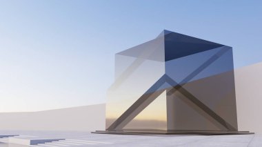 Soyut fütüristik mimari tasarımı şeffaf küp şekli, günbatımı arka planıyla. 3B illüstrasyon oluşturucu