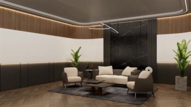 Animasyon Ofisi bekleme odası, markalaşma modelleri için boş fırın. 3B illüstrasyon oluşturma