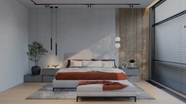 Kayısı renginde modern Lüks Yatak Odası Animasyonu. 3B Resim Hazırlama