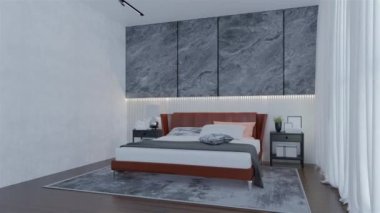 Kayısı renginde modern Lüks Yatak Odası Animasyonu. 3B Resim Hazırlama