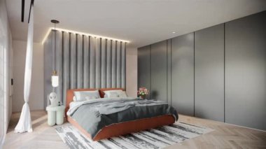 Kayısı renginde modern Lüks Yatak Odası Animasyonu. 3B Resim Hazırlama