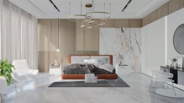 Kayısı renginde modern Lüks Yatak Odası Animasyonu. 3B Resim Hazırlama