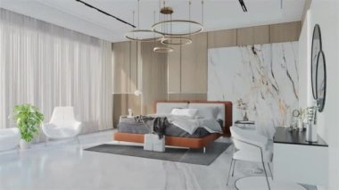 Kayısı renginde modern Lüks Yatak Odası Animasyonu. 3B Resim Hazırlama