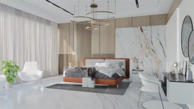 Kayısı renginde modern Lüks Yatak Odası Animasyonu. 3B Resim Hazırlama