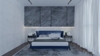 Okyanus mavisi renkli modern lüks yatak odası animasyonu. 3B Resim Hazırlama