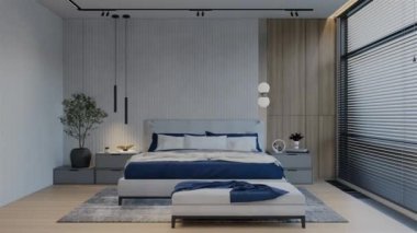 Okyanus mavisi renkli modern lüks yatak odası animasyonu. 3B Resim Hazırlama