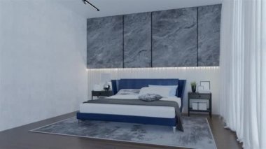 Okyanus mavisi renkli modern lüks yatak odası animasyonu. 3B Resim Hazırlama