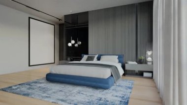 Okyanus mavisi renkli modern lüks yatak odası animasyonu. 3B Resim Hazırlama