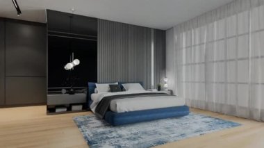Okyanus mavisi renkli modern lüks yatak odası animasyonu. 3B Resim Hazırlama