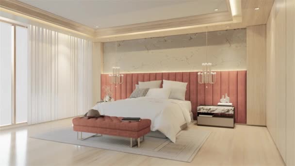 Modern Luxury Bedroom Animation Sárgabarackszínű Illusztrációs Render — Stock videók