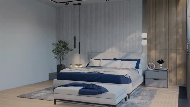 Μοντέρνα Luxury Bedroom Animation Ocean Blue Χρώμα Αποτύπωση Τρισδιάστατης Απεικόνισης — Αρχείο Βίντεο