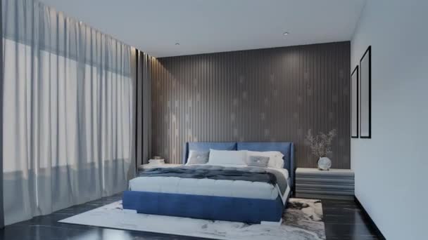 Сучасна Розкішна Анімація Спальні Блакитним Кольором Океану Ілюстрація Render — стокове відео