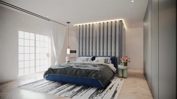 Animație Modernă Dormitorului Lux Ocean Blue Color Ilustrație Render — Videoclip de stoc
