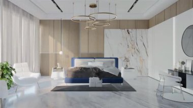 Okyanus mavisi renkli modern lüks yatak odası animasyonu. 3B Resim Hazırlama