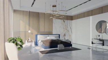 Okyanus mavisi renkli modern lüks yatak odası animasyonu. 3B Resim Hazırlama