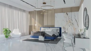 Okyanus mavisi renkli modern lüks yatak odası animasyonu. 3B Resim Hazırlama