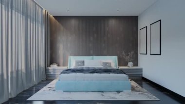 Pudra mavisi renkli modern Lüks Yatak Odası Animasyonu. 3B Resim Hazırlama