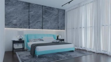 Pudra mavisi renkli modern Lüks Yatak Odası Animasyonu. 3B Resim Hazırlama