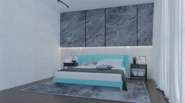Pudra mavisi renkli modern Lüks Yatak Odası Animasyonu. 3B Resim Hazırlama