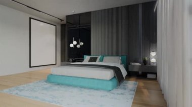 Pudra mavisi renkli modern Lüks Yatak Odası Animasyonu. 3B Resim Hazırlama