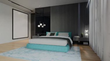 Pudra mavisi renkli modern Lüks Yatak Odası Animasyonu. 3B Resim Hazırlama