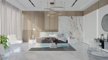 Pudra mavisi renkli modern Lüks Yatak Odası Animasyonu. 3B Resim Hazırlama