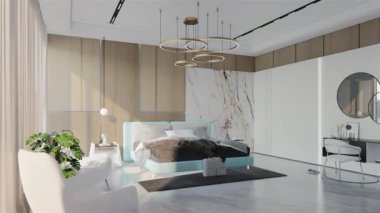 Pudra mavisi renkli modern Lüks Yatak Odası Animasyonu. 3B Resim Hazırlama