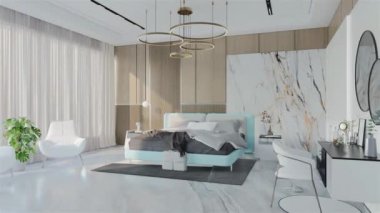 Pudra mavisi renkli modern Lüks Yatak Odası Animasyonu. 3B Resim Hazırlama