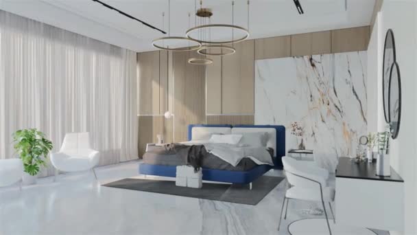 Μοντέρνα Luxury Bedroom Animation Ocean Blue Χρώμα Αποτύπωση Τρισδιάστατης Απεικόνισης — Αρχείο Βίντεο