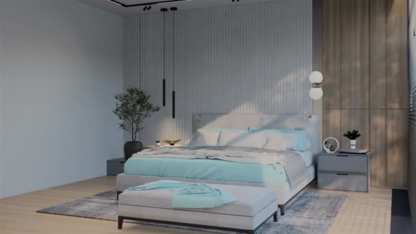 Modern Luxury Bedroom Animation Dengan Warna Biru Bubuk Perender Ilustrasi — Stok Video