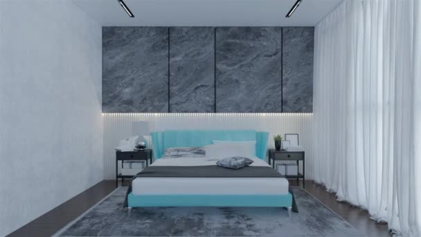 Modern Luxury Bedroom Animation Med Puderblå Färg Illustration Render — Stockvideo