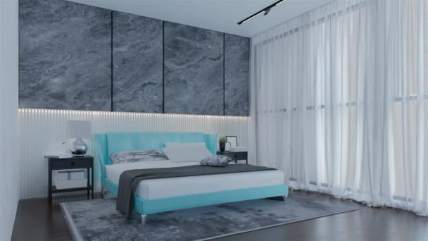 Μοντέρνο Luxury Bedroom Animation Γαλάζιο Χρώμα Αποτύπωση Τρισδιάστατης Απεικόνισης — Αρχείο Βίντεο