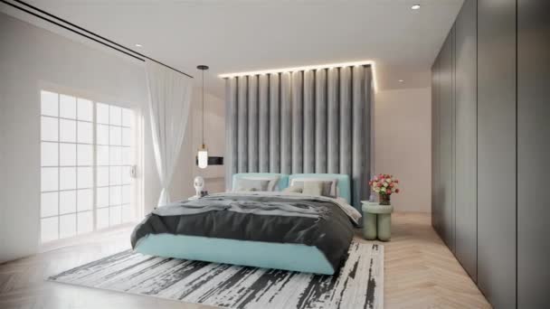 Modern Luxury Bedroom Animation Med Puderblå Färg Illustration Render — Stockvideo