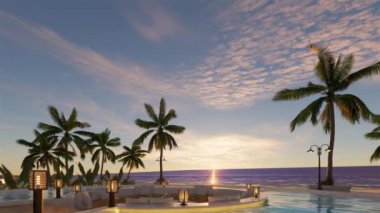 Tahta kiremitler, havuz ve şezlonglar. Ağaçlı park ve deniz manzaralı yeşil çimenler. 3B Canlandırmalar