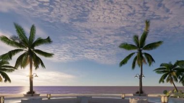 Tahta kiremitler, havuz ve şezlonglar. Ağaçlı park ve deniz manzaralı yeşil çimenler. 3B Canlandırmalar