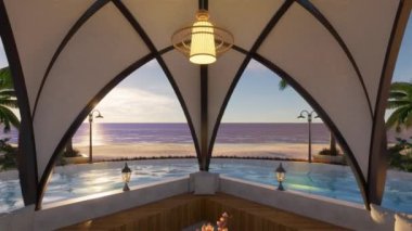 Tahta kiremitler, havuz ve şezlonglar. Ağaçlı park ve deniz manzaralı yeşil çimenler. 3B Canlandırmalar