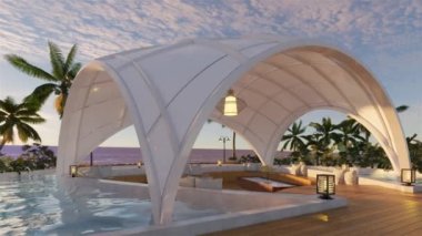 Tahta kiremitler, havuz ve şezlonglar. Ağaçlı park ve deniz manzaralı yeşil çimenler. 3B Canlandırmalar