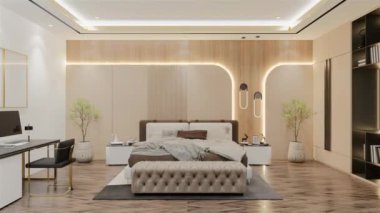 Modern Lüks Yatak Odası Animasyonu. 3B Resim Hazırlama