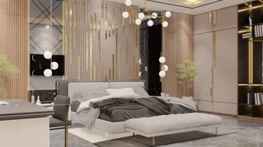 Modern Lüks Yatak Odası Animasyonu. 3B Resim Hazırlama