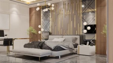 Modern Lüks Yatak Odası Animasyonu. 3B Resim Hazırlama