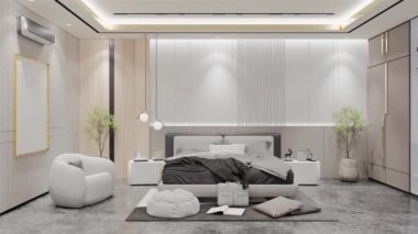 Modern Lüks Yatak Odası Animasyonu. 3B Resim Hazırlama