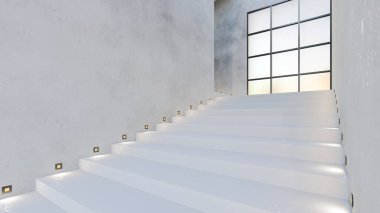 Ev ve ofis merdivenleri modern tarzda modelleniyor. 3B illüstrasyon oluşturma