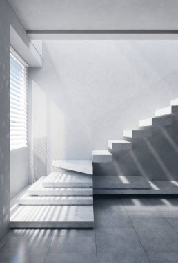 Ev ve ofis merdivenleri modern tarzda modelleniyor. 3B illüstrasyon oluşturma