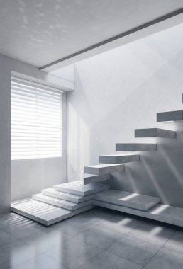 Ev ve ofis merdivenleri modern tarzda modelleniyor. 3B illüstrasyon oluşturma