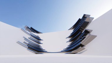 Dalgalar katmanlı katmanlar şeklinde fütüristik mimari. 3B illüstrasyon oluşturucu